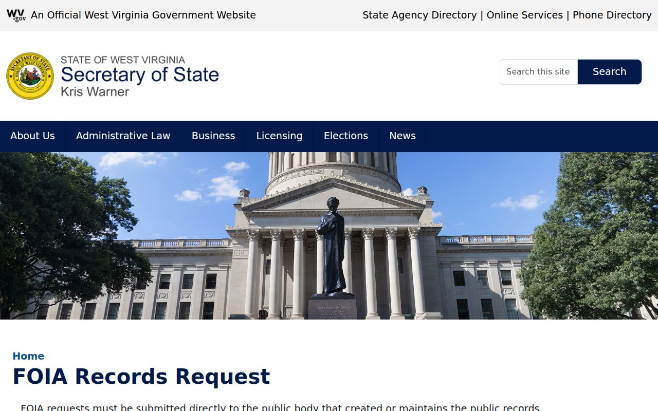 West Virginia Secretary of State public-records request page