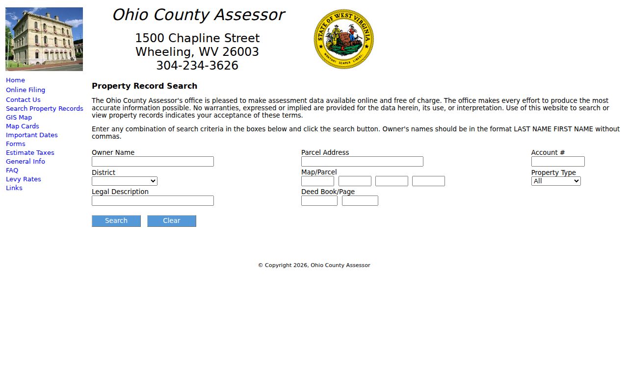 Ohio County Assessor property record search form with owner, address, account, district, map and parcel fields